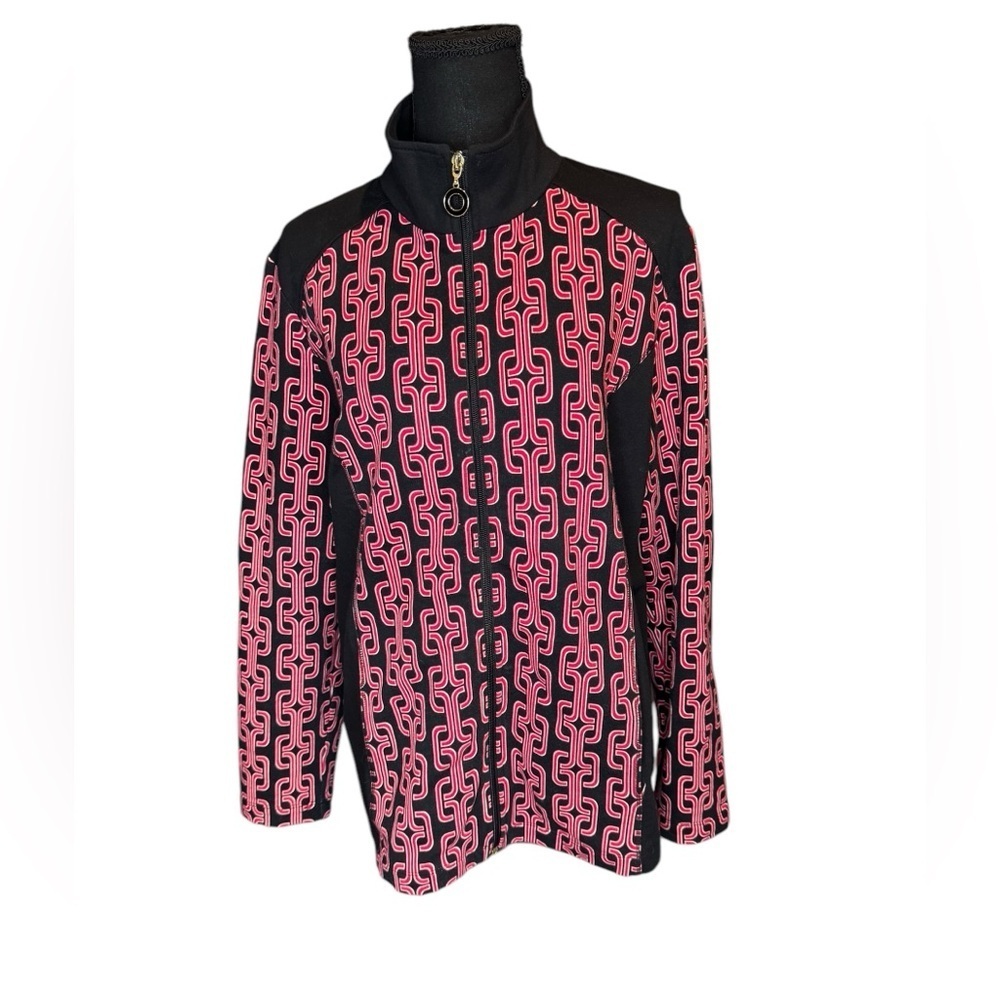 SUSAN GRAVER WEEKEND Geometric Knit Full Zip Jacket Womens Large Red Black O106